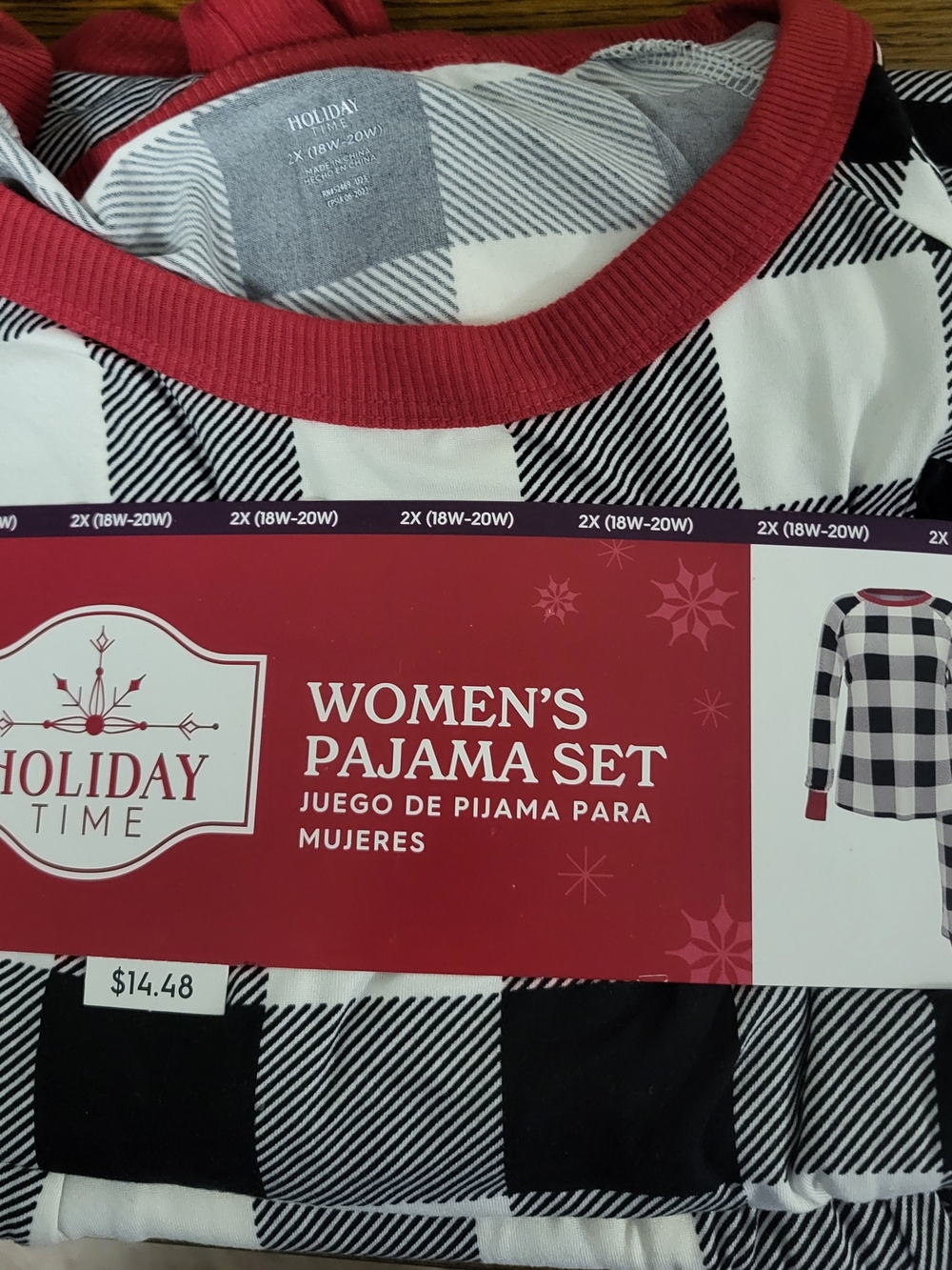 Holiday Time Black & White Buffalo Plaid Women’s Pajama Set with Red Trim